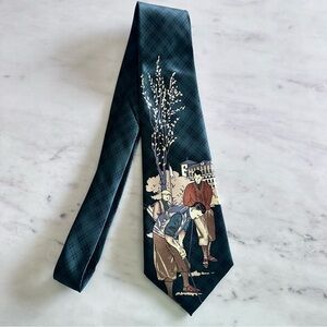 Vintage Silk‎ Dark Green Necktie Scottish Golfing Golf Scene Eclectic Retro